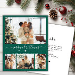 Tarjeta de Navidades verdes de Collage de fotos de<br><div class="desc">Elegante presupuesto Estilo Corazón Moderno Guión 4 Collages de fotos Feliz Navidad Guión Vidrio Verde Festividad Tarjeta delgada. Nota: más delgada que la postal! Esta festividad mínima de cuatro (4) plantillas de tarjetas de vacaciones fotográficas presenta un collage de fotos de bonito, un pequeño corazón de doodle y dice ¡Feliz...</div>