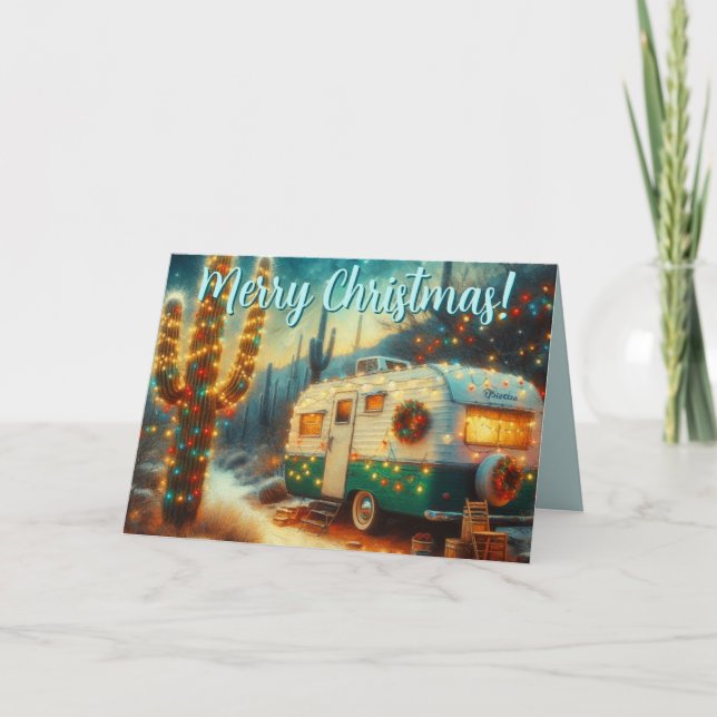 Tarjeta de Navidades Vintage Camper Saguaro Cactus (Anverso)