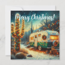 Tarjeta de Navidades Vintage Camper Saguaro Cactus