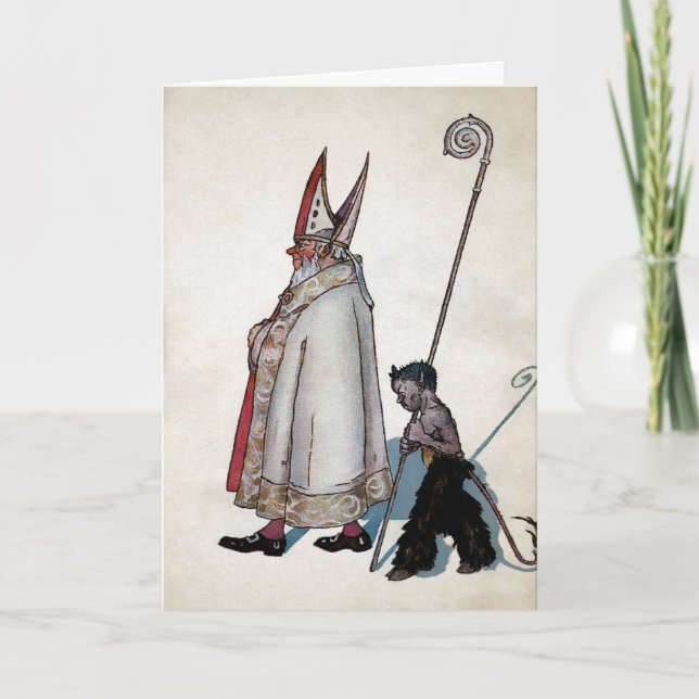 Tarjeta de Navidades Vintage de Santa y Krampus (Anverso)