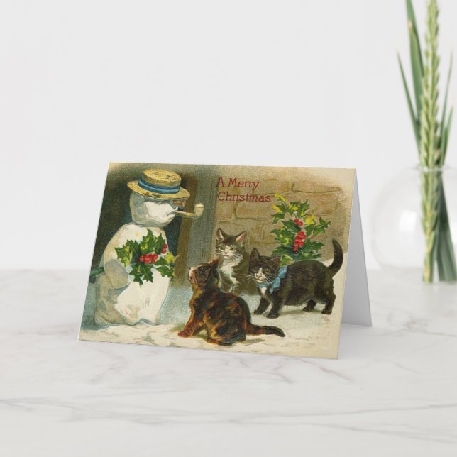 Tarjeta de Navidades Vintage Kittens Snowman (Anverso)