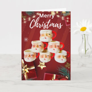 Tarjeta de Navidades Vintage Merry Santa Mugs