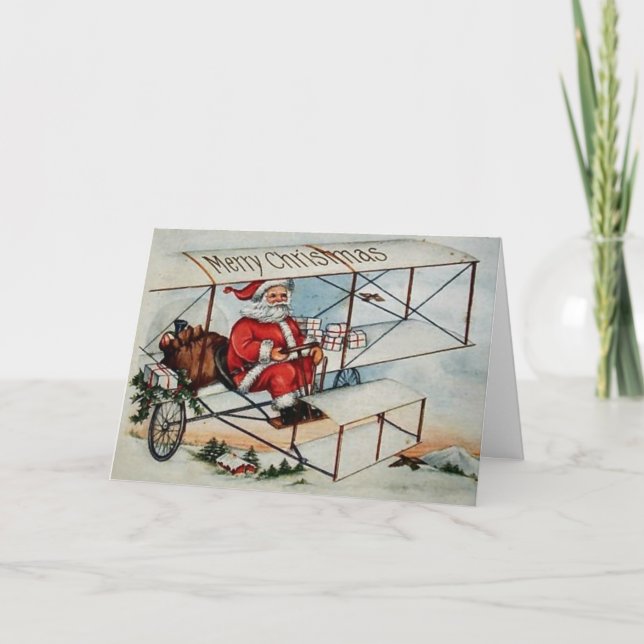 Tarjeta de Navidades Vintage Santa in Plane (Anverso)