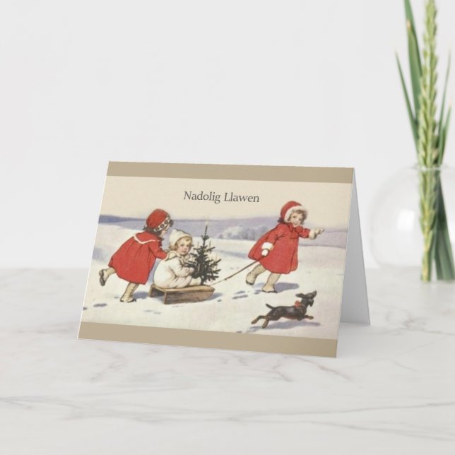 Tarjeta de Navidades Vintage Welsh Nadolig Llawen (Anverso)