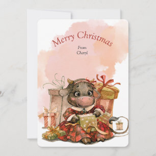 Tarjeta de Navidades Watercolor Cute Cow