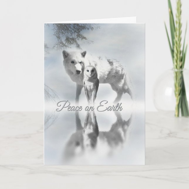 Tarjeta de Navidades Wolf y Owl Peace on Earth (Anverso)