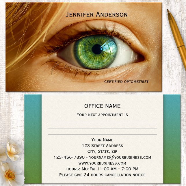 Tarjeta de Negocio de Cita de Cuidado de Ojos (Appointment business card for an optometrist, optician or ophthalmologist, featuring a green eye)