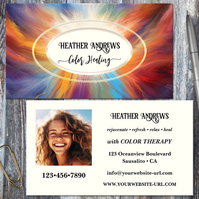 Tarjeta de Negocio de Curación de Color de Captura (Business card featuring a colorful and vibrant design with a light center - healer - color therapy)