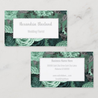 TARJETA DE NEGOCIO DE PURPURINA DE PLATA VERDE FLO