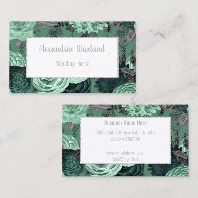 TARJETA DE NEGOCIO DE PURPURINA DE PLATA VERDE FLO (Anverso / Reverso)
