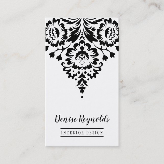 TARJETA DE NEGOCIO elegante damasco blanco negro e (Anverso)