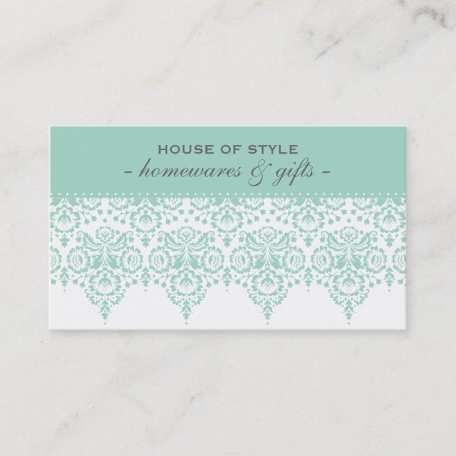 TARJETA DE NEGOCIO menta de damasco elegante gris  (Anverso)