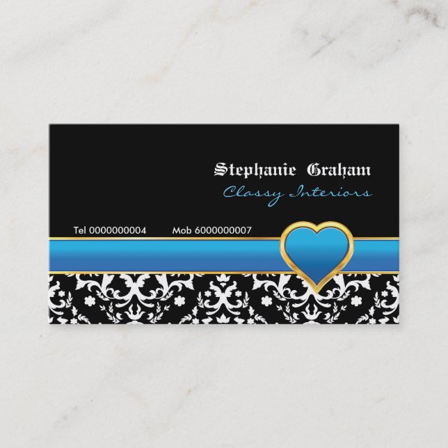 tarjeta de negocios azul del corazón del damasco b (Anverso)