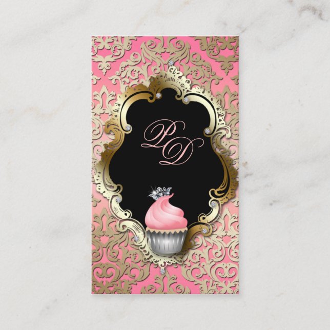 Tarjeta de negocios Cupcake Elegante Damask Oro ro (Anverso)