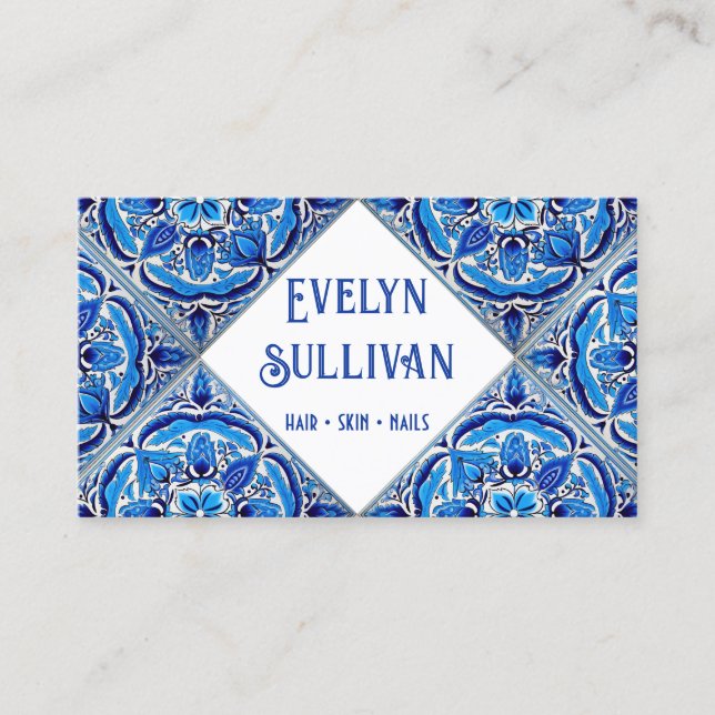 Tarjeta de negocios de azulejos mediterráneos azul (Anverso)