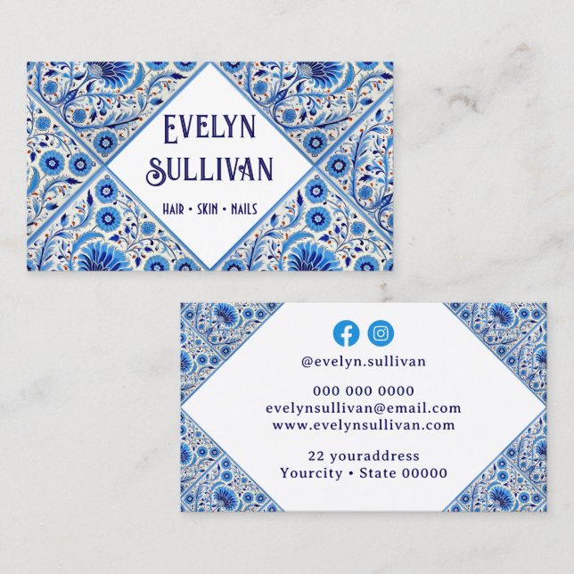 Tarjeta de negocios de azulejos mediterráneos azul (Anverso / Reverso)