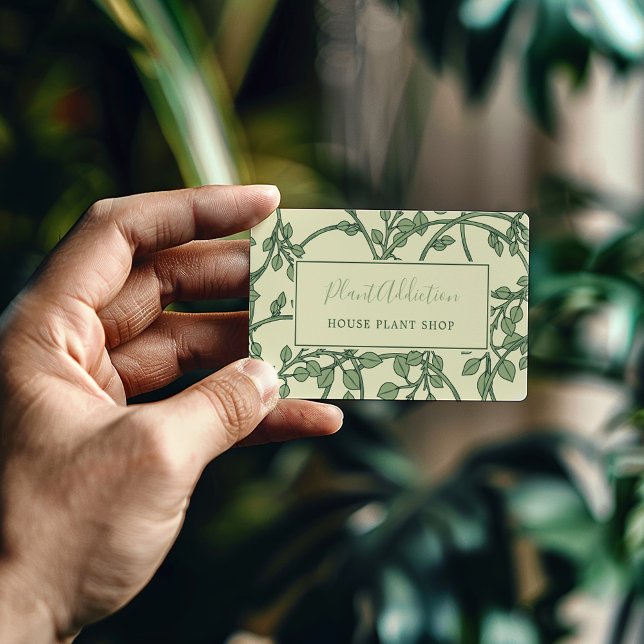 Tarjeta de negocios de bonito de patrones de viñed (Stylish Green and Yellow pretty vines pattern business card with fun text.)