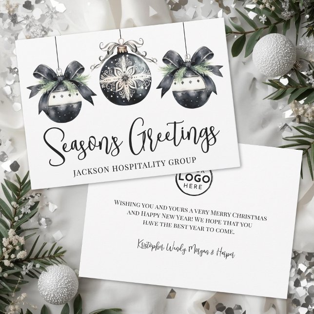 Tarjeta de negocios de Feliz Navidad con logotipo  (Black White Logo Season's Greetings Business Holiday Card)