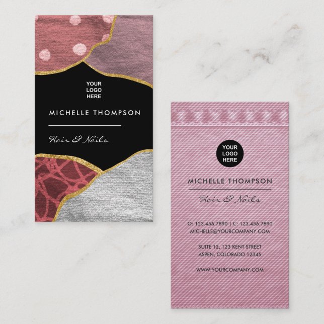 Tarjeta de negocios de tela rosa y dorada (Anverso / Reverso)