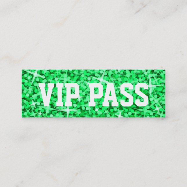 Tarjeta de negocios Glitz Green 'VIP PASS' delgada (Anverso)