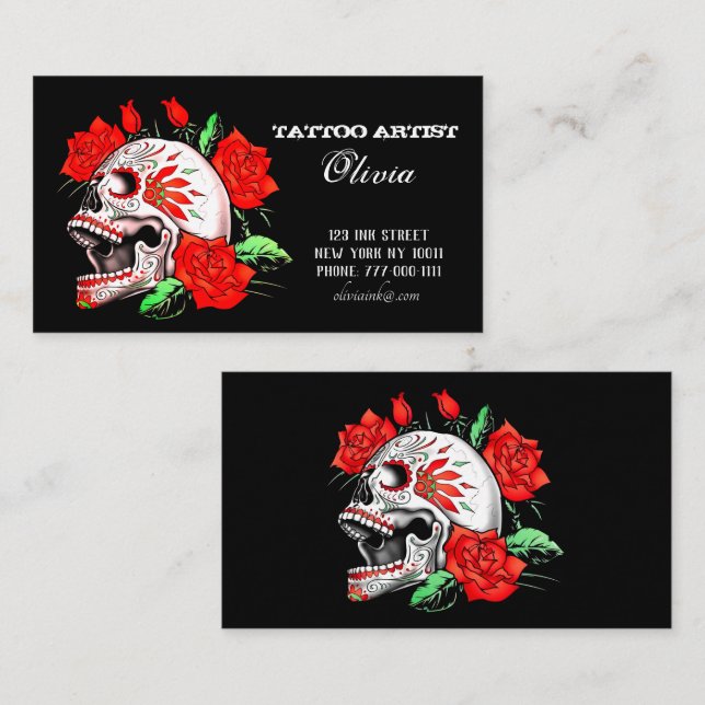 Tarjeta De Negocios Gótica Elegante Skull Y Roses  (Anverso / Reverso)