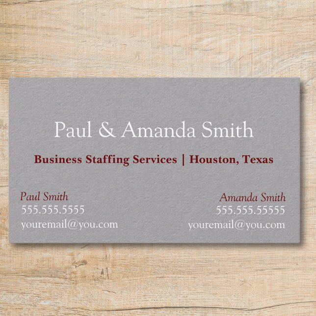 Tarjeta De Negocios Gris Moderna Con 2 Nombres Y C (Grey business card with slot for two names professional  white and maroon text, 2 contacts)