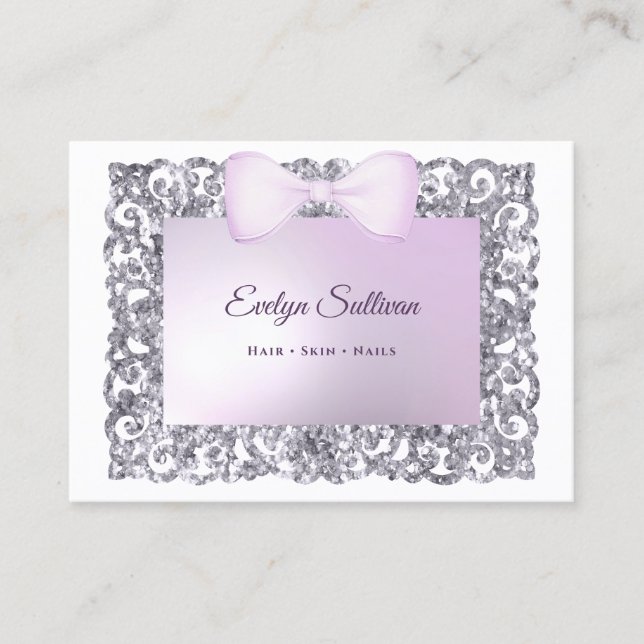 Tarjeta de negocios Lilac purpurina frame bow (Anverso)