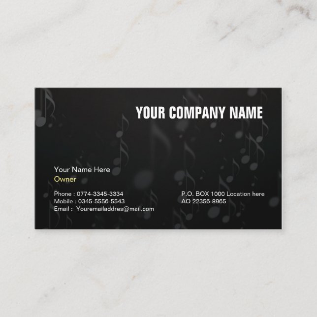 Tarjeta de negocios negra para músicos y artistas  (Anverso)