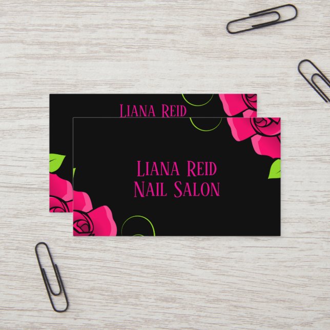 Tarjeta de negocios negra y rosa con flores (Anverso/Reverso In Situ)