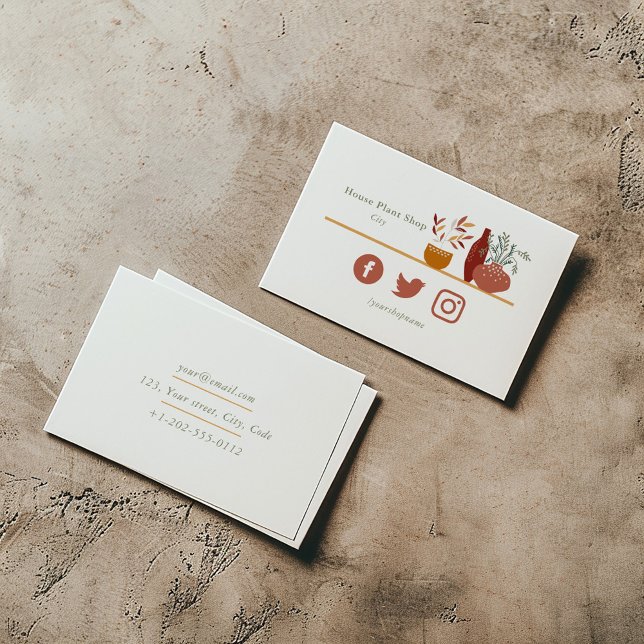 Tarjeta de negocios para la planta pequeña (House plant shop business card with minimalist plant illustration and social media icons.)