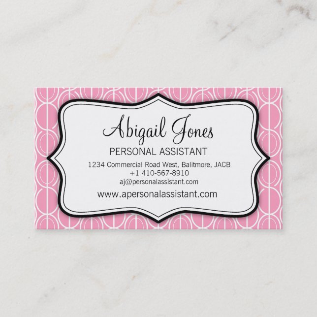 Tarjeta de negocios rosa, en blanco y negro (Anverso)