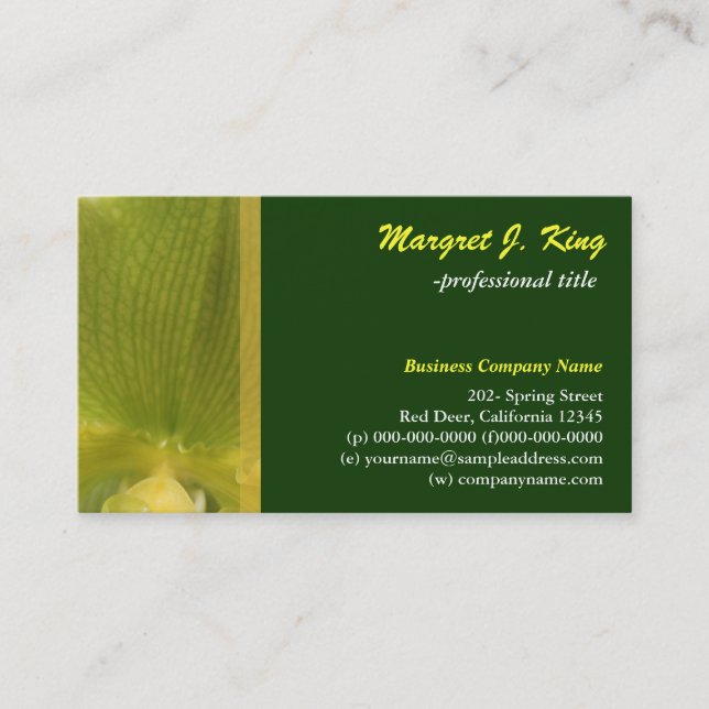 Tarjeta de negocios verde pétalo de flores orquíde (Anverso)