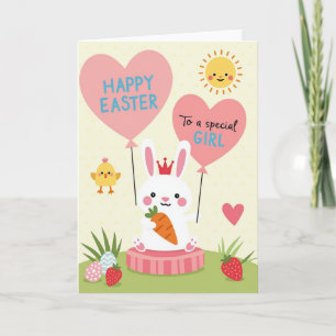 Tarjeta de niña con conejo de Pascua a rayas