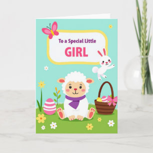 Tarjeta de niña con corderos y rayas