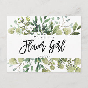 tarjeta de niña con flores follaje verde