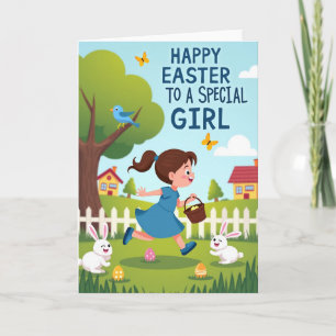 Tarjeta de niña de búsqueda de huevos de Pascua fe
