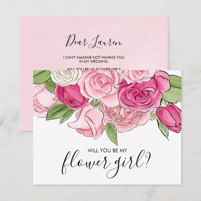 Tarjeta de niña de flores de rosas rosadas acuarel (Anverso / Reverso)