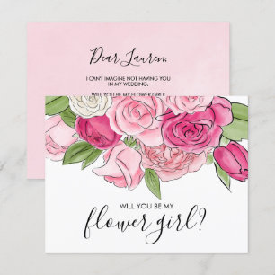 Tarjeta de niña de flores de rosas rosadas acuarel