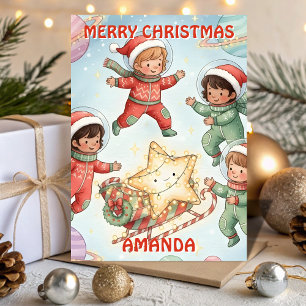 Tarjeta de niños de la nave estelar de Navidad