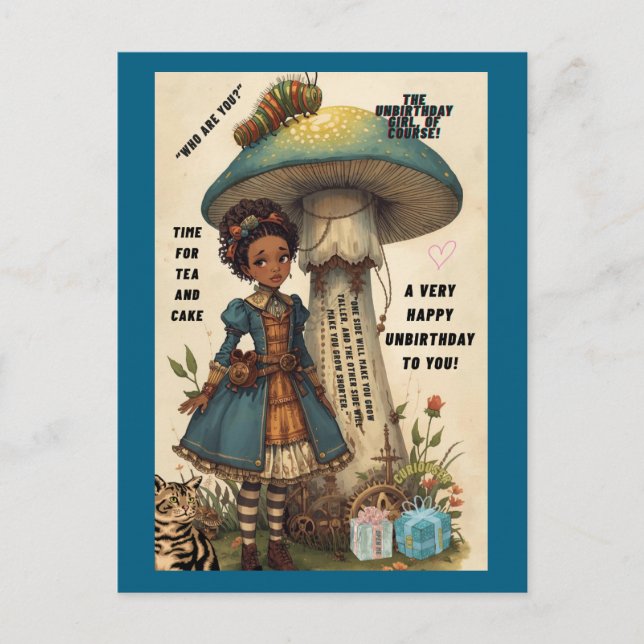 Tarjeta de no cumpleaños de Alicia y Oruga (Anverso)