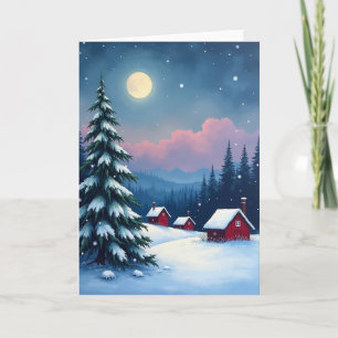 Tarjeta de Noche de Cabaña Nevada bajo la Luz de l
