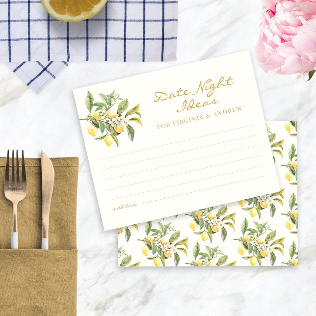 Tarjeta de Noche de Fecha de Limón de Acuarela (Watercolor Lemon Floral Bridal Shower Date Night Ideas Card by Painted Paperie
)