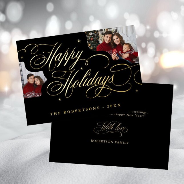 Tarjeta de nombre de familia de fotografía de la c (gold calligraphy family photo happy holiday greeting)