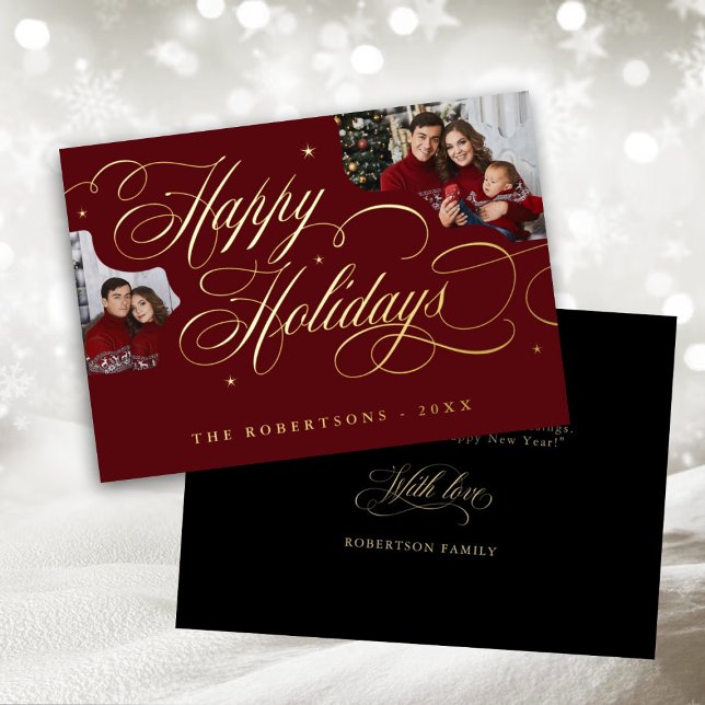 Tarjeta de nombre de familia de fotografía de la c (gold calligraphy happy holiday invite)