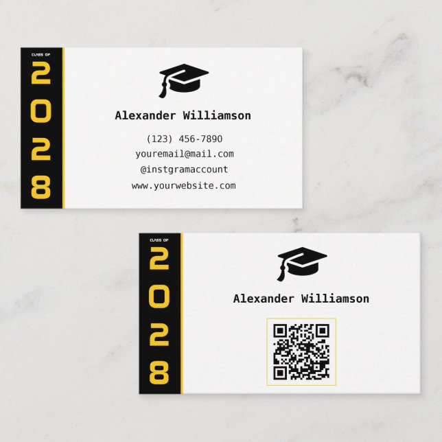 Tarjeta de nombre de graduación de código QR negro (Anverso / Reverso)