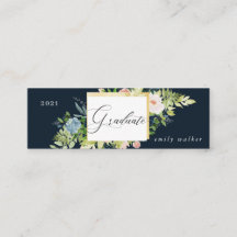 tarjeta de nombre de graduación floral azul y rubo