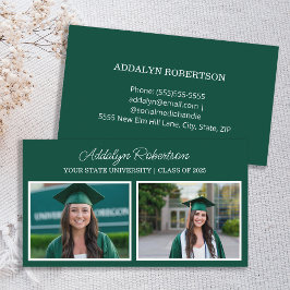 Tarjeta de nombre de graduada con 2 fotos verde bl