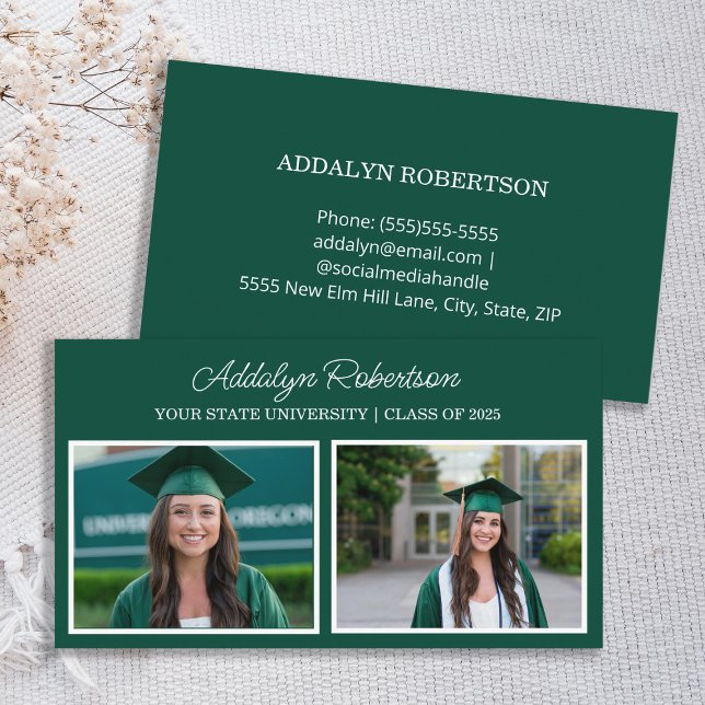 Tarjeta de nombre de graduado fotográfico Green Wh (Green and white 2-photo graduate business card)