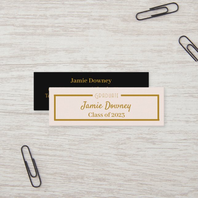 Tarjeta de nombre de graduado | Negro, rosa y oro  (Anverso/Reverso In Situ)