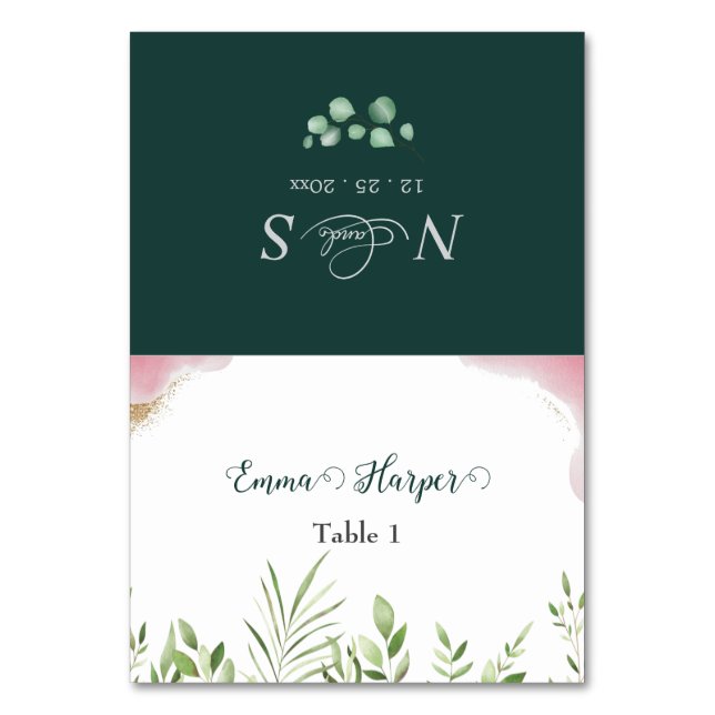 Tarjeta de nombre de invitado de boda con vegetaci (Anverso)